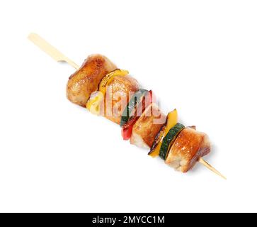 Köstliches Hähnchen Shish Kebab mit Gemüse auf weißem Hintergrund, Draufsicht Stockfoto