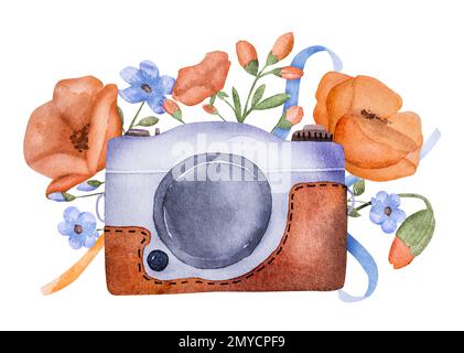 Retro-Fotokamera mit Mohnblumen Stockfoto