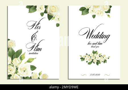 Wunderschöne Hochzeitseinladungen mit Blumendesign auf hellem Hintergrund, Blick von oben Stockfoto
