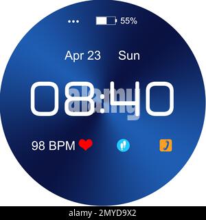 Smartwatch. Uhrzeit, Datum, Herzfrequenz und Symbole auf dem Display Stockfoto