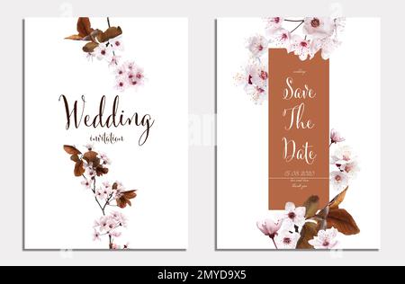 Wunderschöne Hochzeitseinladung und Save the Date mit Blumendesign auf hellem Hintergrund, Draufsicht Stockfoto