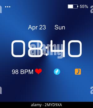 Smartwatch. Uhrzeit, Datum, Herzfrequenz und Symbole auf dem Display Stockfoto