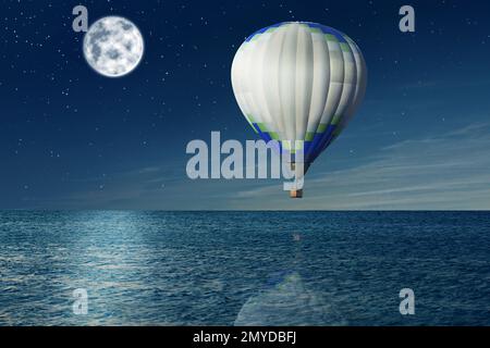 Traumwelt. Heißluftballon am Nachthimmel mit Vollmond über dem Meer Stockfoto