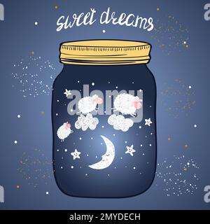 Süße Träume Vektordarstellung. Handgezogenes Glas mit schlafendem, lächelndem Mond und süßen Schafen. Stock Vektor