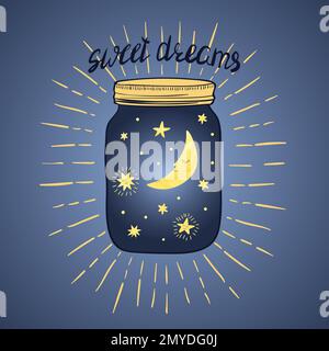 Süße Träume Vektordarstellung. Handgezogenes Glas mit schlafenden, lächelnden Monden und Sternen. Stock Vektor