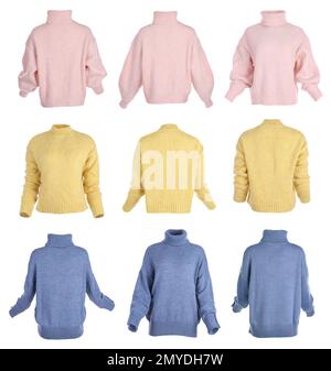 Collage mit verschiedenen stilvollen warmen Pullover auf weißem Hintergrund Stockfoto