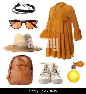 Stylisches Outfit. Collage mit Kleid, Schuhen, Accessoires und Parfüm für Frauen auf weißem Hintergrund Stockfoto