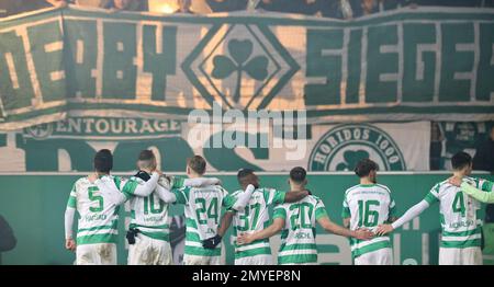 04. Februar 2023, Bayern, Fürth: Fußball: 2. Bundesliga, SpVgg Greuther Fürth - 1. FC Nürnberg, Spieltag 19 im Sportpark Ronhof Thomas Sommer. Die Fürth-Spieler stehen nach dem letzten Pfiff vor ihren Fans. Foto: Daniel Karmann/dpa - WICHTIGER HINWEIS: Gemäß den Anforderungen der DFL Deutsche Fußball Liga und des DFB Deutscher Fußball-Bund ist es verboten, im Stadion aufgenommene Fotografien und/oder das Spiel in Form von Sequenzbildern und/oder videoähnlichen Fotoserien zu verwenden oder verwenden zu lassen. Stockfoto