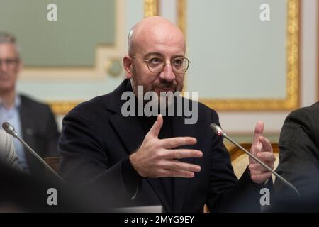 Kiew, Ukraine. 03. Februar 2023. Der Präsident des Europäischen Rates, Charles Michel, kommentierte das 24. Gipfeltreffen EU-Ukraine im Mariinsky-Palast am 3. Februar 2023 in Kiew, Ukraine. Kredit: Pool Photo/Pressestelle Des Ukrainischen Präsidenten/Alamy Live News Stockfoto