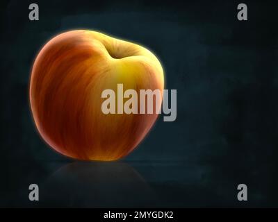 Digitale Illustration – ein frischer roter und gelber Apfel auf dunklem Hintergrund. Stockfoto