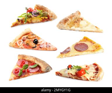 Set mit verschiedenen Pizzastücken auf weißem Hintergrund Stockfoto