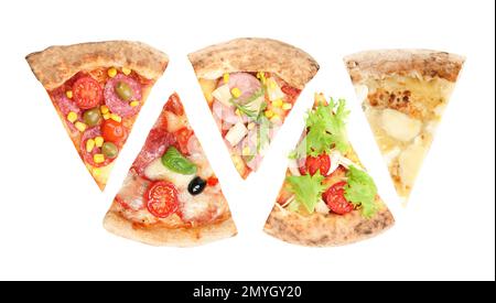 Set mit verschiedenen Pizzastücken auf weißem Hintergrund, Draufsicht Stockfoto