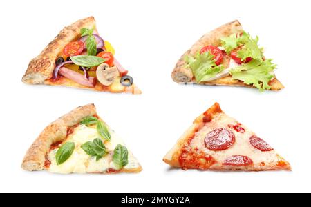 Set mit verschiedenen Pizzastücken auf weißem Hintergrund Stockfoto