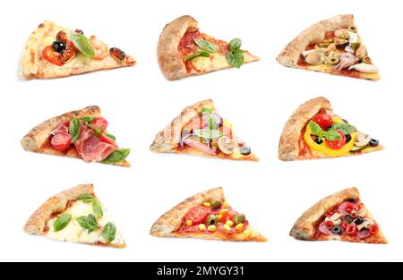 Set mit verschiedenen Pizzastücken auf weißem Hintergrund Stockfoto