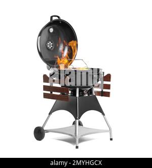 Grill mit Flammen auf weißem Hintergrund Stockfoto