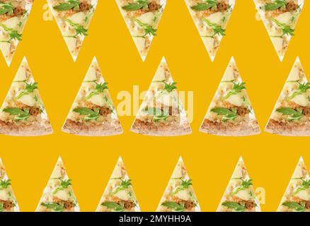 Käse-Pizza-Scheiben auf gelbem Hintergrund. Musterkonstruktion Stockfoto