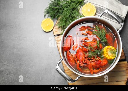 Frische, köstliche Flusskrebse im Topf auf grauem Tisch, flach liegend. Platz für Text Stockfoto