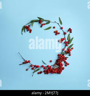Rote Beeren und Blätter in Kranzform auf hellblauem Hintergrund, flach liegend mit Platz für Text. Herbstästhetik Stockfoto