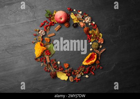 Getrocknete Blumen, Blätter und Beeren in Kranzform auf schwarzem Hintergrund, flach liegend mit Platz für Text. Herbstästhetik Stockfoto
