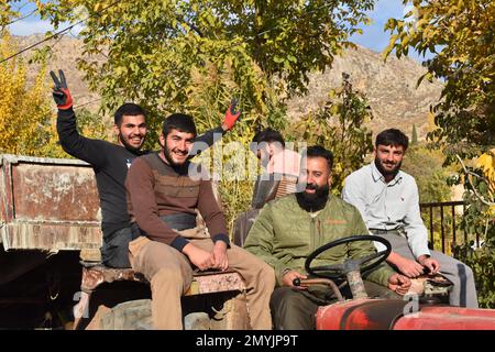 Fünf lächelnde Männer fahren einen alten, roten Traktor in einem kurdischen irakischen Dorf Stockfoto