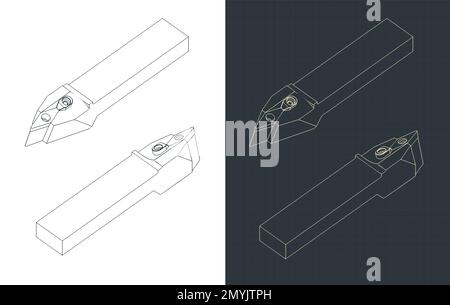 Stilisierte Vektordarstellungen isometrischer Entwürfe geneigter Schneidwerkzeuge für CNC-Drehmaschinen Stock Vektor
