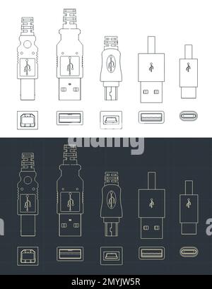 Stilisierte Vektorabbildungen von Bauplänen des USB-Steckersatzes Stock Vektor