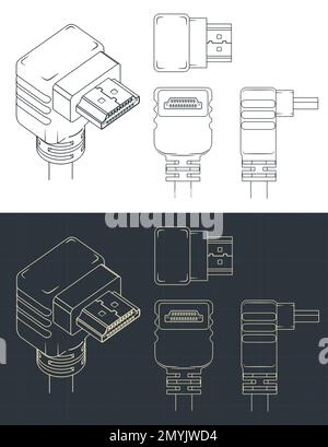 Stilisierte Vektorabbildungen von Blaupausen des abgewinkelten HDMI-Steckers Stock Vektor