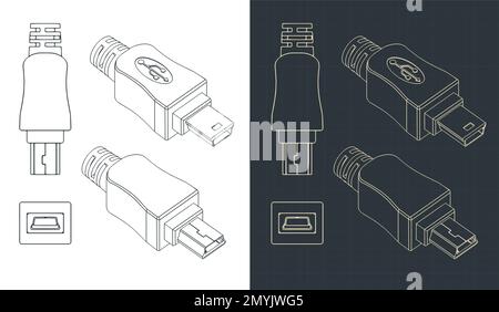 Stilisierte Vektorabbildungen von Bauplänen des USB-Mini-Steckers Stock Vektor