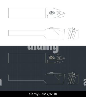 Stilisierte Vektordarstellungen von Entwürfen geneigter Schneidwerkzeuge für CNC-Drehmaschinen Stock Vektor