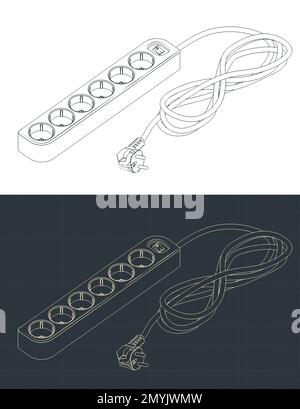 Stilisierte Vektorabbildungen isometrischer Baupläne von Verlängerungskabeln mit geerdeten 6-Steckdosen Stock Vektor
