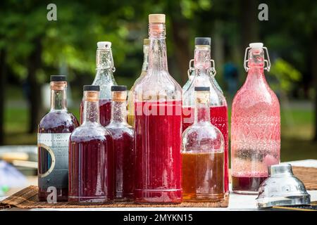 Eine Gruppe von unterschiedlich geformten transparenten Flaschen mit roten und burgunderfarbenen Getränken für Cocktails bei der Sommerparty im Park im Freien Stockfoto