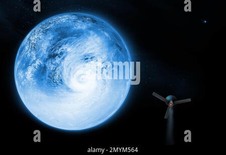 Himmlische Kunst, abgelegener Planet mit eisiger Oberfläche im All, die die Schönheit der Weltraumforschung zeigt. Planetentextur von NASA, 3D-Rendering, 3D Il Stockfoto