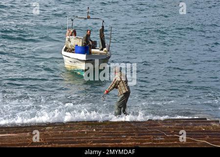 Fischerboot, das vom Fang zurückkehrt, Aljezur, Portugal, Europa Stockfoto
