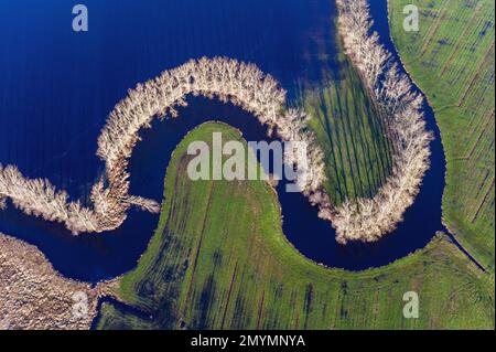 Flußverlauf der Schwinge in Hochwasser, Fluß, Kurs, Luftaufnahme, Luftaufnahme, Draufsicht, Vogelperspektive, Natur, Landschaft, Loop, - Das ist nicht wahr Stockfoto