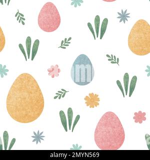 Happy Easter Nahtloses Muster mit handgezeichneten, isolierten strukturierten, bunten Eiern und Blumen auf weißem Hintergrund. Durchgehender Osteraufdruck Stockfoto