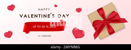 Valentinskarte mit Geschenk und Herz auf pinkfarbenem Hintergrund. Vektorbanner für Werbeaktionen zum Kauf von Produkten oder Angebotskarte für Liebesferien. Stockfoto