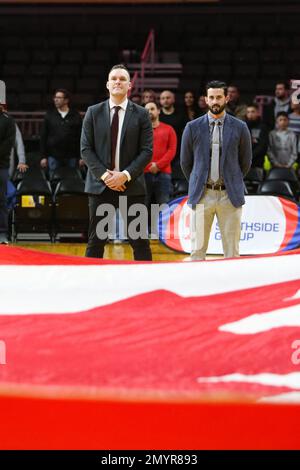 London Ontario Canada, 4. 2023. Februar besiegte der London Lightning die Sudbury 5 in einem harten Spiel. London Lightning Coach Doug Plumb. Luke Durda/Alamy Stockfoto