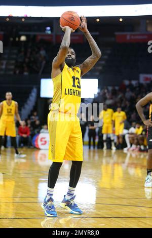 London Ontario Canada, 4. 2023. Februar besiegte der London Lightning die Sudbury 5 in einem harten Spiel. Terry Thomas (13) vom London Lightning. Luke Durda/Alamy Stockfoto