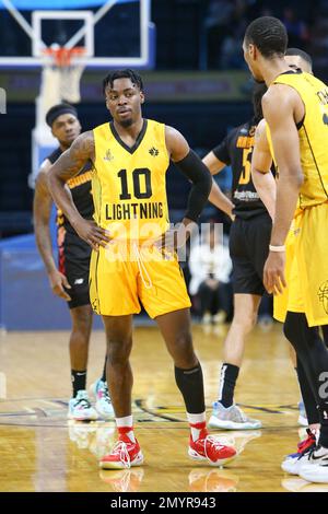 London Ontario Canada, 4. 2023. Februar besiegte der London Lightning die Sudbury 5 in einem harten Spiel. Mike Nuga (10) vom London Lightning. Luke Durda/Alamy Stockfoto