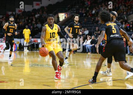 London Ontario Canada, 4. 2023. Februar besiegte der London Lightning die Sudbury 5 in einem harten Spiel. Mike Nuga (10) vom London Lightning. Luke Durda/Alamy Stockfoto