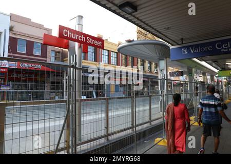 Die Church Street Light Rail hält im Bau an der Church Street, Parramatta Stockfoto