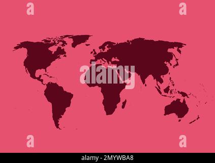 Weltkarte Vektor, isoliert auf Viva Magenta Hintergrund. Flat Earth, Kartenvorlage für Websitemuster, Jahresbericht, Infografiken. Stock Vektor