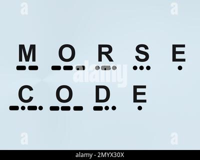 Darstellung des TEXTES MORSE CODE, wobei jeder Buchstabe von den entsprechenden Punkten und Linien im Morse Code begleitet wird. Stockfoto