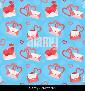 Farbenfrohe, sich wiederholende Muster aus Liebe und Beziehung, Umschläge und Briefe zum Valentinstag aus einfachen Vektorbildern. Stock Vektor