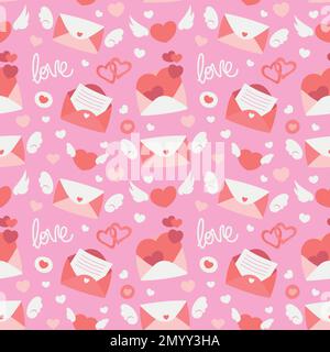 Farbenfrohe, sich wiederholende Muster aus Liebe und Beziehung, Umschläge und Briefe zum Valentinstag aus einfachen Vektorbildern. Stock Vektor