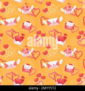 Farbenfrohe, sich wiederholende Muster aus Liebe und Beziehung, Umschläge und Briefe zum Valentinstag aus einfachen Vektorbildern. Stock Vektor