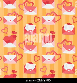 Farbenfrohe, sich wiederholende Muster aus Liebe und Beziehung, Umschläge und Briefe zum Valentinstag aus einfachen Vektorbildern. Stock Vektor