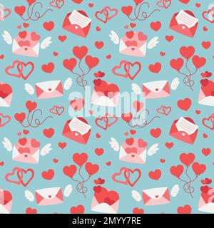 Farbenfrohe, sich wiederholende Muster aus Liebe und Beziehung, Umschläge und Briefe zum Valentinstag aus einfachen Vektorbildern. Stock Vektor