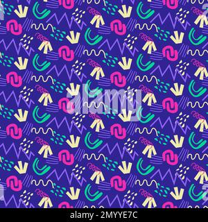 Muster aus trendigen Kritzeleien, abstrakten Flecken und geometrischen Formen. Handgezeichnet und helles modernes Design. Stock Vektor