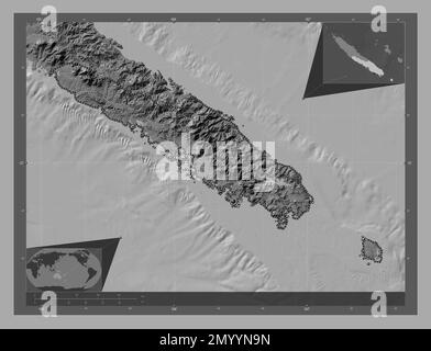 Sud, Provinz Neukaledonien. Bilevel-Höhenkarte mit Seen und Flüssen. Eckkarten für zusätzliche Standorte Stockfoto